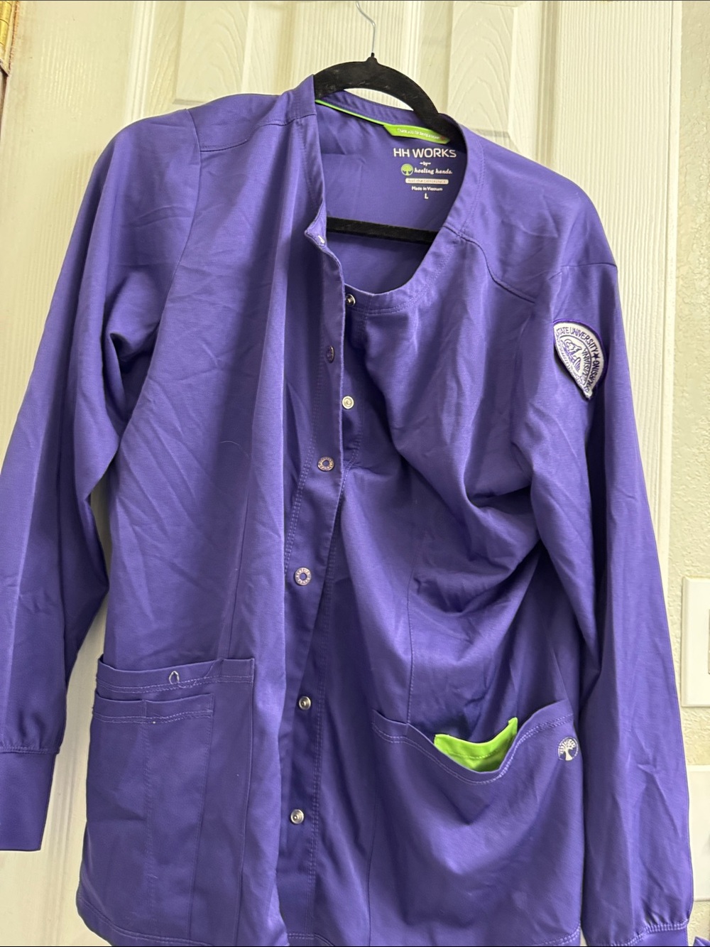 HH Works Purple Medical Scrub Jacket with Lime Trim. Northwestern patch